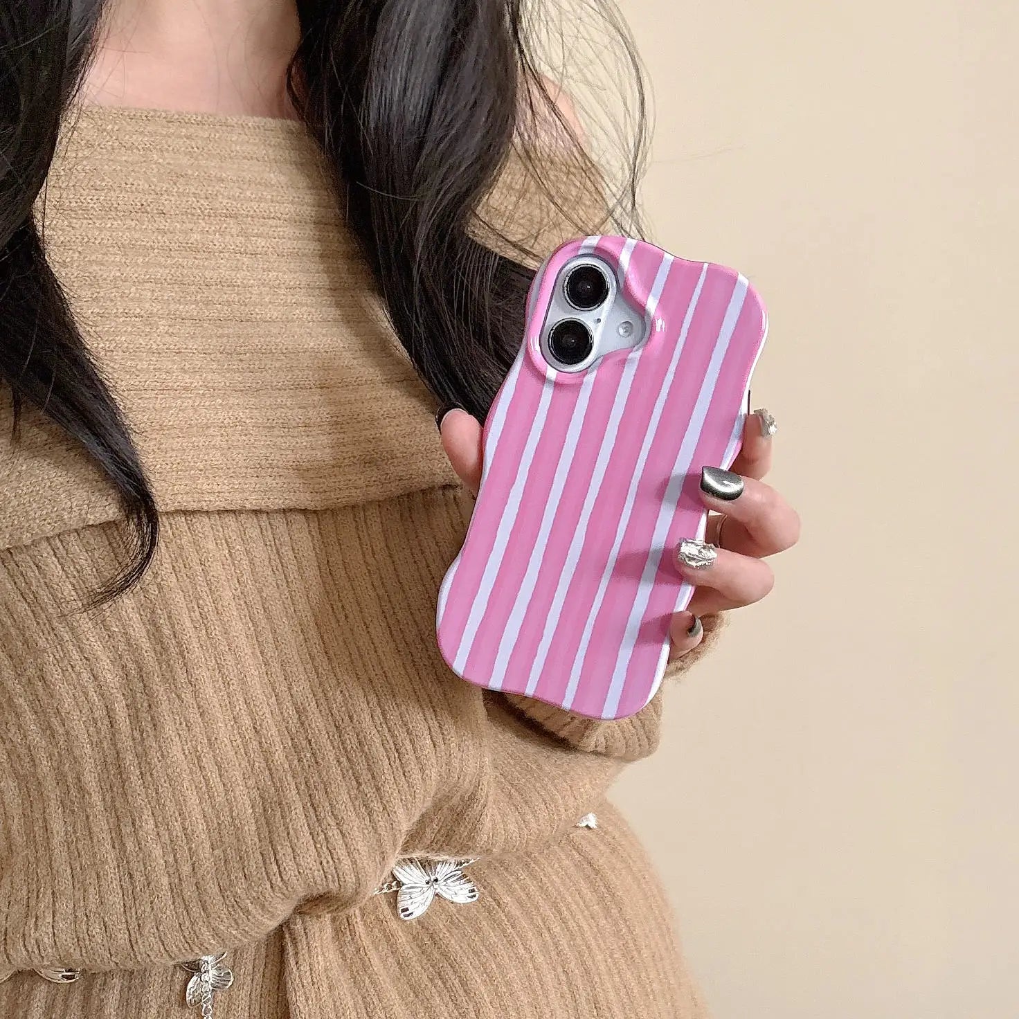 Fashion 2 in 1 Glossy Stripes Phone Case for iPhone 13 14 15 16 Pro Max Wave Edges Comfortable Touch Hard Slim Back Cover Shell