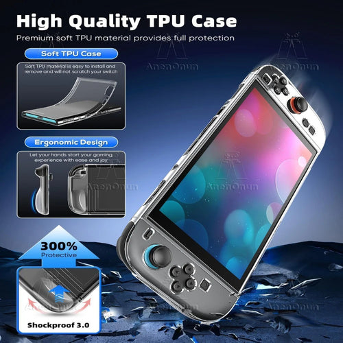 7-in-1 Protective Accessories Kit for Switch 2 Dockable TPU Clear Soft Case w/2 HD Tempered Glass Screen Protector 4 Thumb Grips