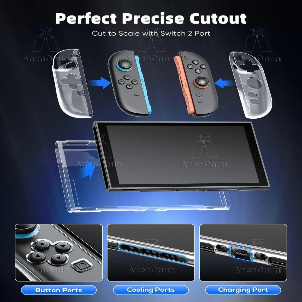 7-in-1 Protective Accessories Kit for Switch 2 Dockable TPU Clear Soft Case w/2 HD Tempered Glass Screen Protector 4 Thumb Grips
