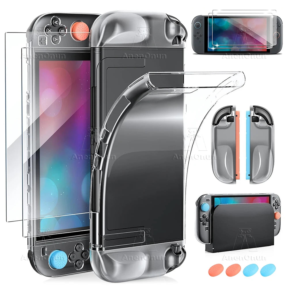 7-in-1 Protective Accessories Kit for Switch 2 Dockable TPU Clear Soft Case w/2 HD Tempered Glass Screen Protector 4 Thumb Grips