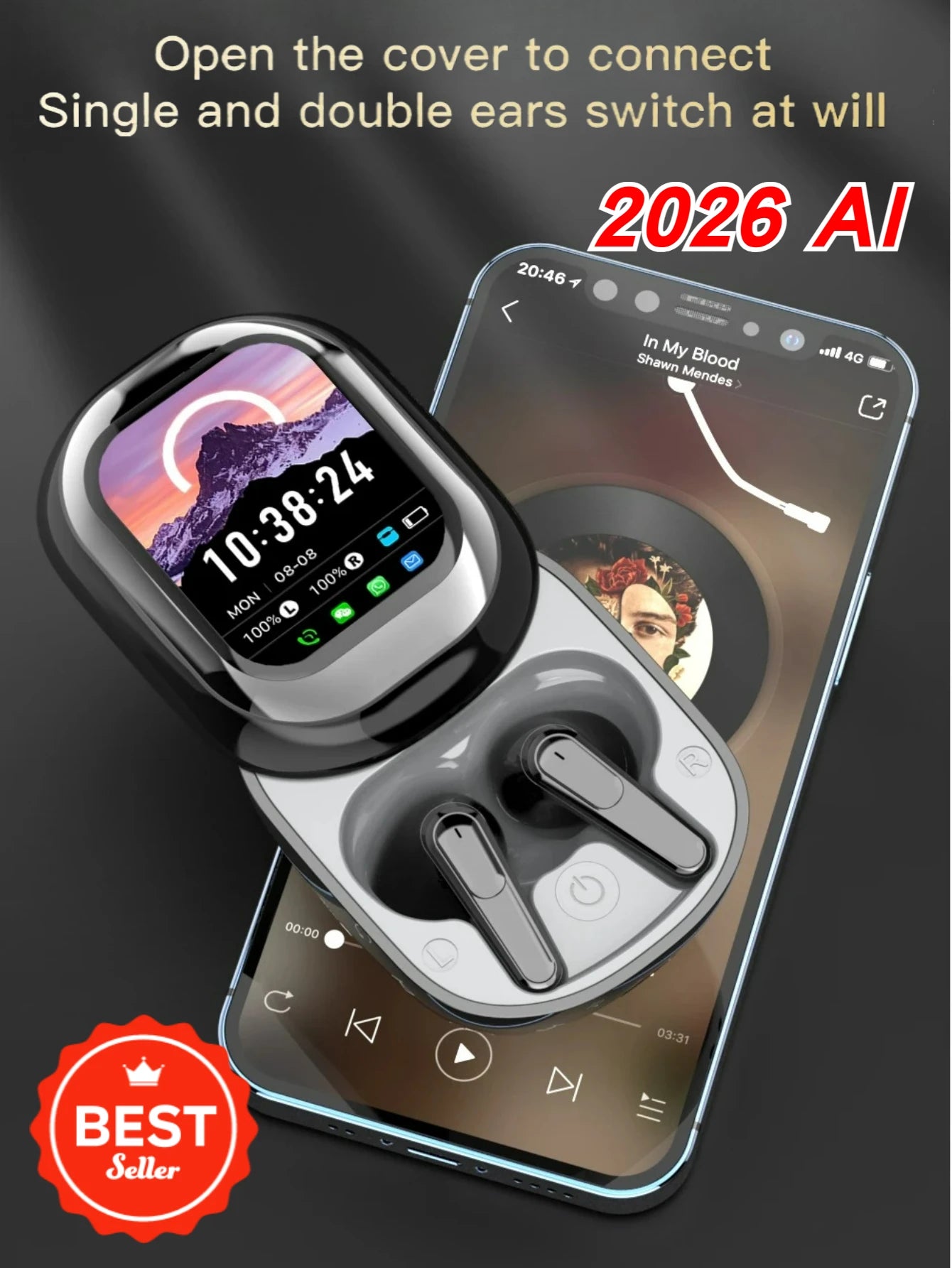LED Display Wireless Earbuds 50H Playtime Clear HiFi Sound AI Translator Touch Control IPX7 Waterproof Comfortable Fit