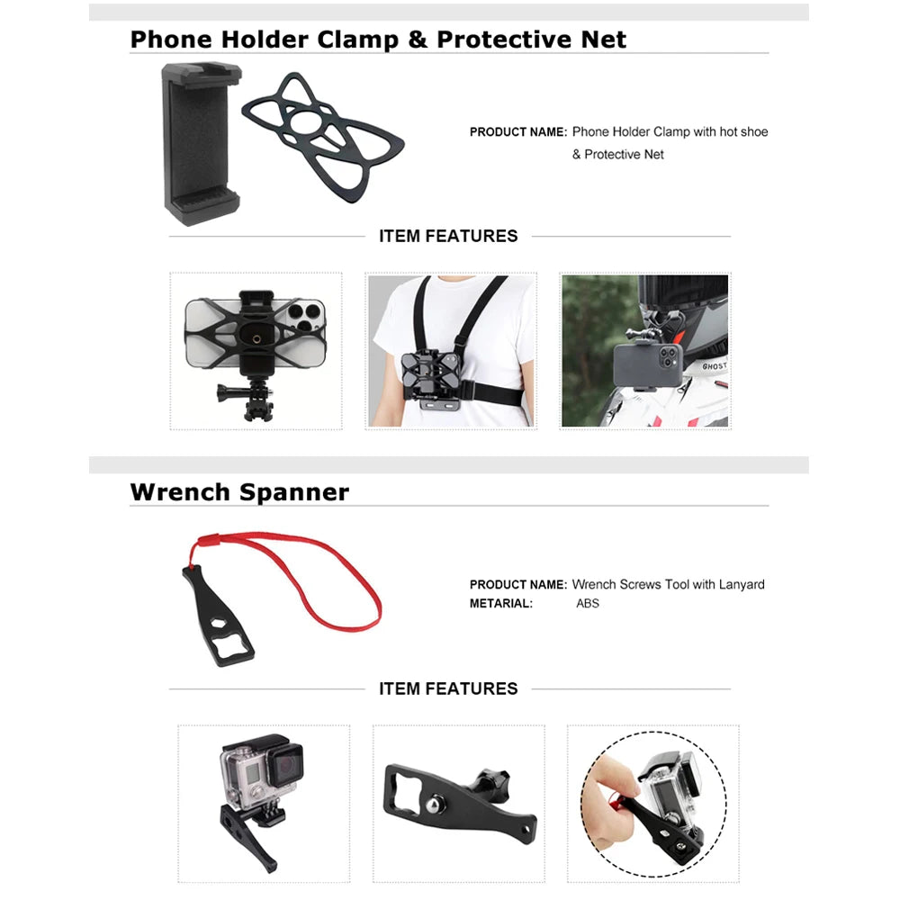 12 in 1 Vlog Accessories Kit for Mobile Phone & Action Camera outdoor riding Motorcycle Helmet Chin Strap for GoPro Hero 12 11 9