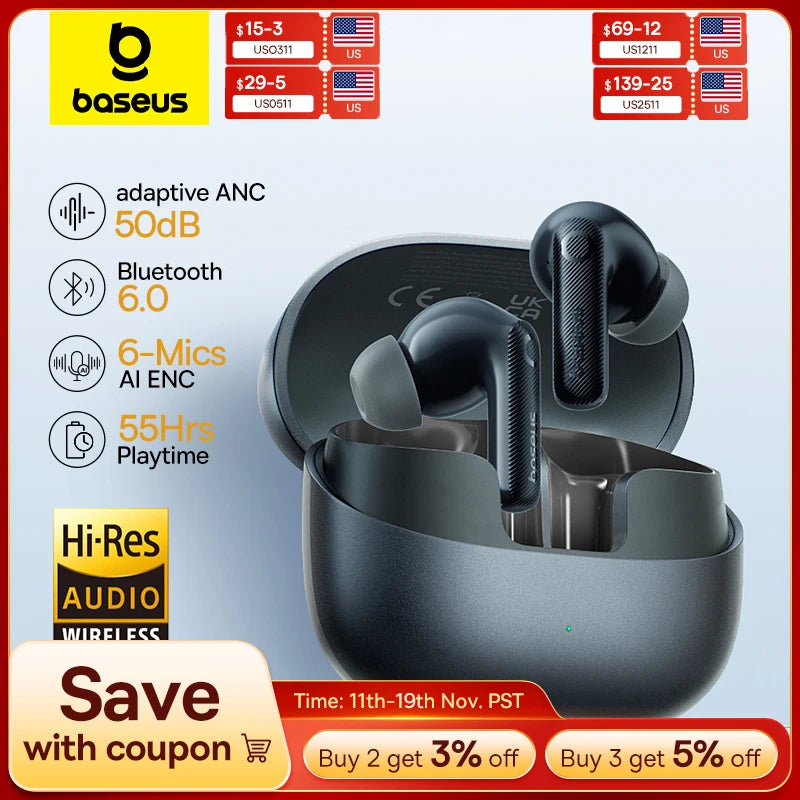 Baseus EP10 Pro ANC Earbuds Wireless Bluetooth 6.0 Earphones 50dB Realtime Adaptive Headphones 6 Mic Hi-Res LDAC IP55  Ear buds