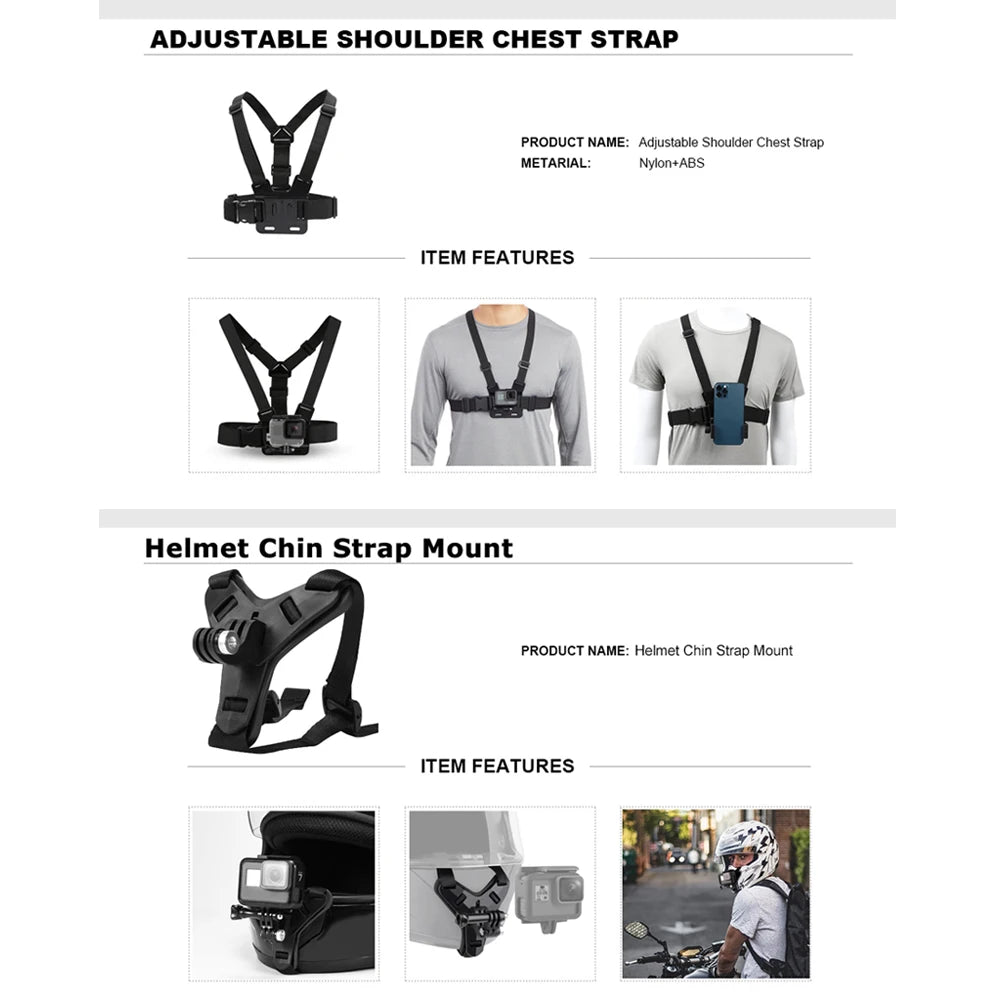 12 in 1 Vlog Accessories Kit for Mobile Phone & Action Camera outdoor riding Motorcycle Helmet Chin Strap for GoPro Hero 12 11 9